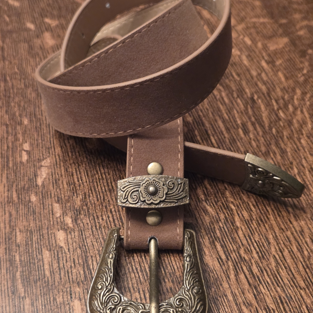 Unisex Brown Suede-like Belt with Brass Ornate Buckle